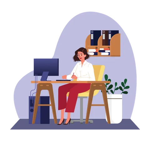 Woman working on computer  Illustration