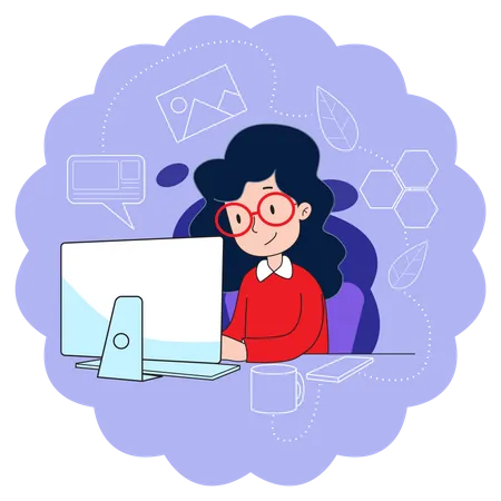 Woman working on computer  Illustration