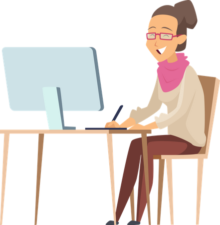 Woman working on computer  Illustration