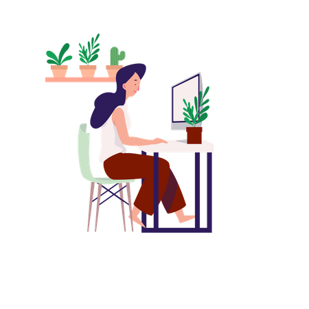 Woman Working on computer  イラスト