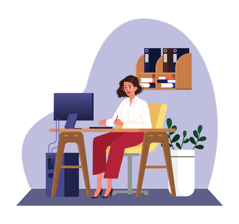 Woman working on computer  イラスト