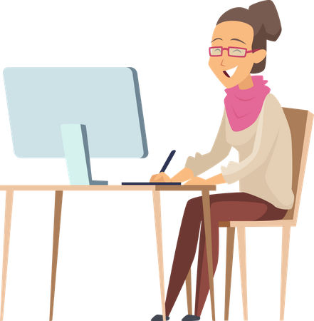 Woman working on computer  イラスト