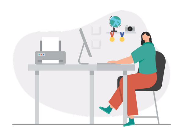 Woman working on computer  イラスト