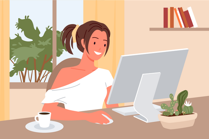 Woman working on computer  イラスト