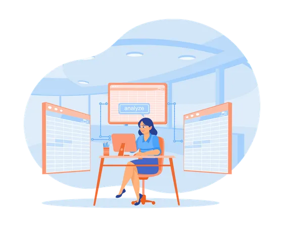 Woman working on computer in office  Illustration