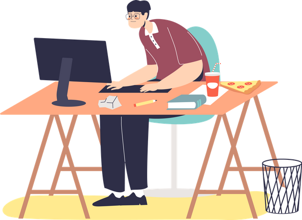 Man working on computer suffer from bad posture Illustration