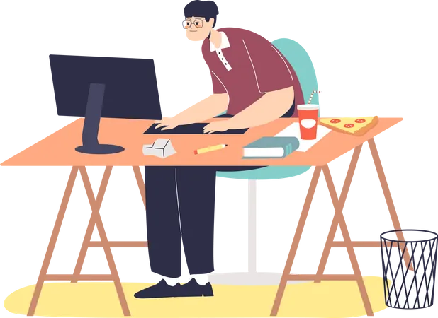 Man working on computer suffer from bad posture Illustration