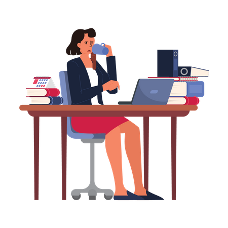 Woman working on computer while drinking coffee Illustration
