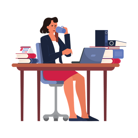 Woman working on computer while drinking coffee  Illustration