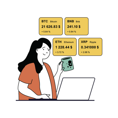 Woman working on cryptocurrency marketplace  Illustration