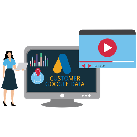 Woman working on customer Google data  Illustration