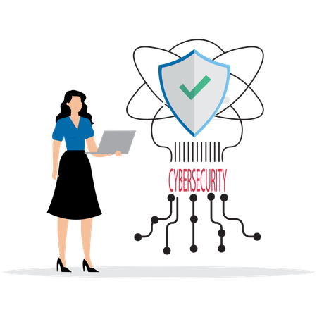 Woman working on Cybersecurity Shield  Illustration