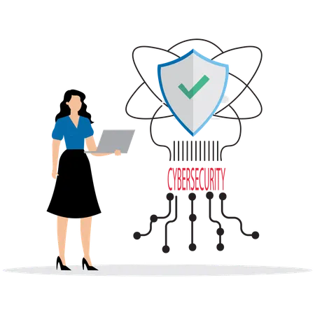 Woman working on Cybersecurity Shield  Illustration