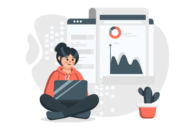 Data Analytics Concept In Flat Design Woman Analyzes Datum Works With Statistics Graphs And Diagrams Writes Financial Or Marketing Report Using Laptop Vector Illustration With People Scene For Web Illustration