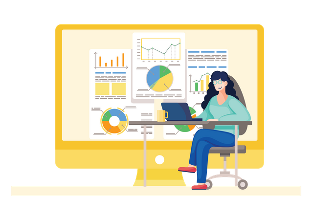 Woman working on data analysis in laptop  Illustration