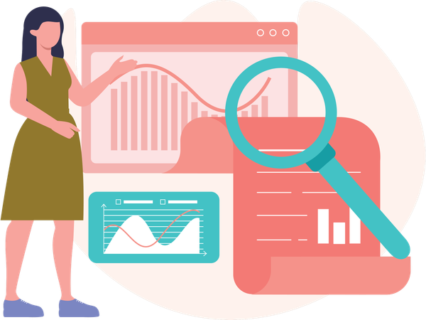 Woman working on data Report  Illustration