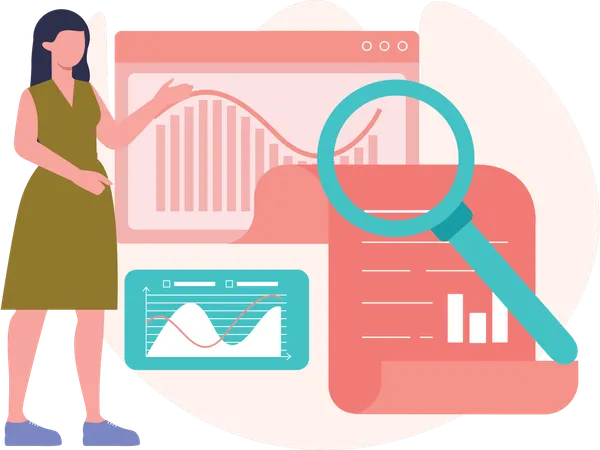 Woman working on data Report  Illustration