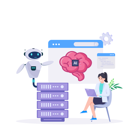 Woman working on database settings using AI  Illustration