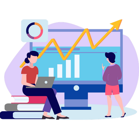 Woman working on development of graph  イラスト