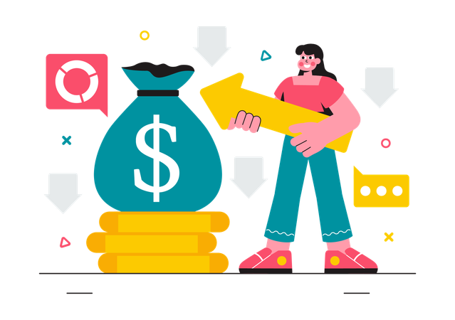 Woman working on expense reduction  Illustration