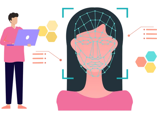 Woman working on face detection  Illustration