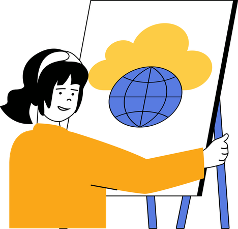 Woman working on global cloud network  Illustration