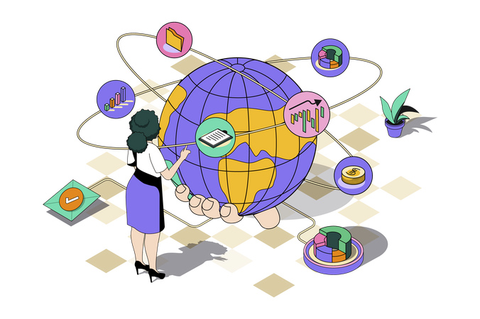 Woman working on global expansion strategy  Illustration