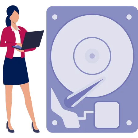 Woman working on hard disk drive  Illustration