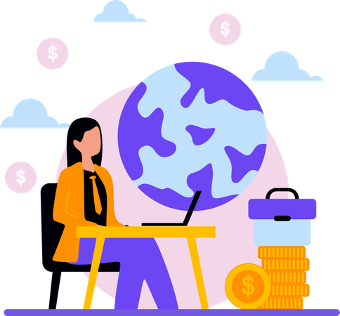 Woman working on international finance  Illustration