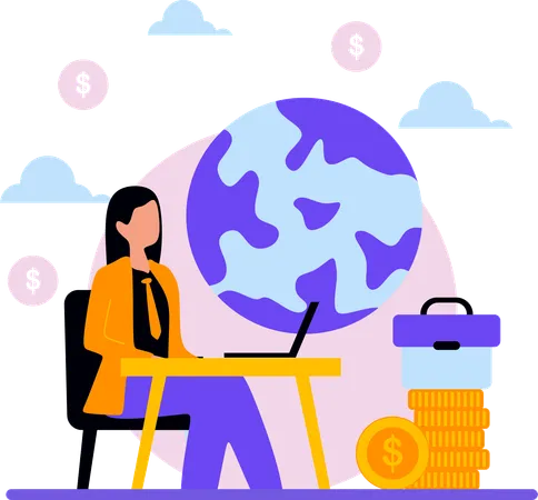 Woman working on international finance  Illustration