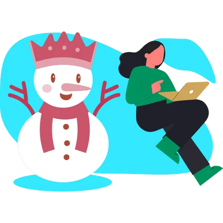 Woman working on king snowman  Illustration