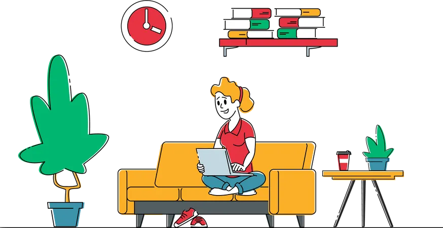 Relaxed Woman Freelancer Character Working On Laptop Sitting On Couch Thinking Of Tasks Freelance Outsourced Employee Occupation Self Isolation Activity Online Services Linear Vector Illustration Illustration