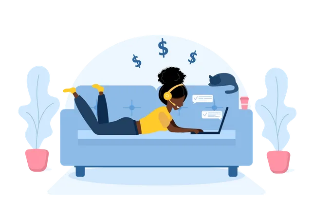 Women Freelance African Girl With Laptop In Headphones Lying On The Sofa Concept Illustration For Working Studying Education From Home Healthy Lifestyle Vector Illustration In Flat Style Illustration