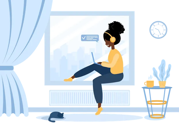 Women Freelance African Girl In Headphones With Laptop Sitting On The Windowsill Concept Illustration For Working Studying Education Work From Home Vector Illustration In Flat Style Illustration