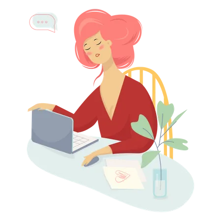 Woman Sitting At The Desk And Working On The Laptop Computer Office Character Employee Or Worker Vector Illustration In Cartoon Style Illustration