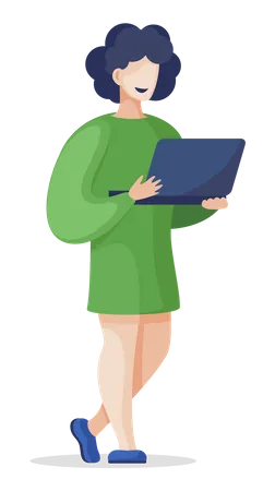 Woman With Laptop Doing Data Analysis Person With Open Computer Isolated Cartoon Stye Lady Green Dress Vector Illustration Smart Worker Analysing Social Information In Internet Networking Ecommerce Illustration