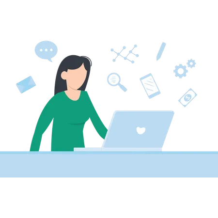 Woman Working On Laptop Illustration