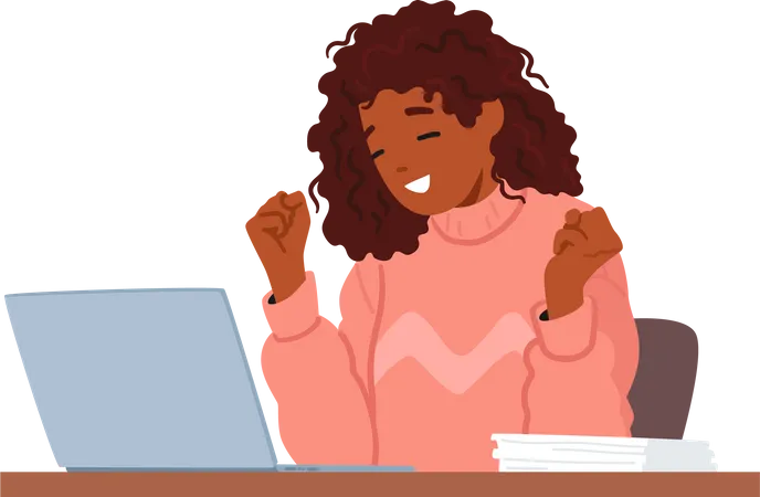 Joyful Woman Character Smiling While Working On Her Laptop Radiating Positive Energy And Contentment Her Enthusiasm Is Evident As She Engages In Her Tasks Cartoon People Vector Illustration Illustration