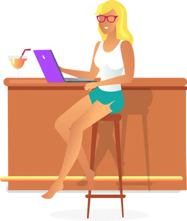 Business Summer Poster With Woman And Laptop Cocktail And Bar Freelance Job Allows To Work Anywhere And Anytime Isolated On Vector Illustration Illustration