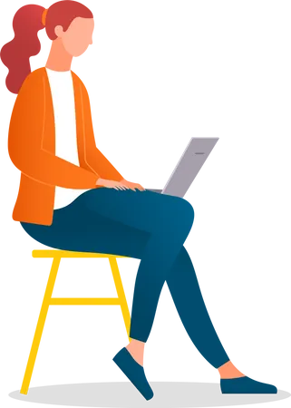 Woman Sitting On The Stool And Working With Laptop In Social Networks Isolated On White Redheaded Female Character On The Chair In Casual Clothes Holding Computer On Her Knees Typing On The Keyboard Illustration