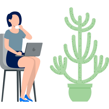 Woman working on laptop about cactus  Illustration