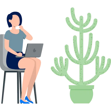 Woman working on laptop about cactus  Illustration