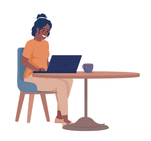 Woman Working On Laptop And Drinking Coffee Semi Flat Color Vector Character Editable Figure Full Body Person On White Simple Cartoon Style Illustration For Web Graphic Design And Animation Illustration