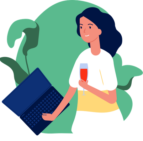 Woman working on laptop and drinking drink  Illustration