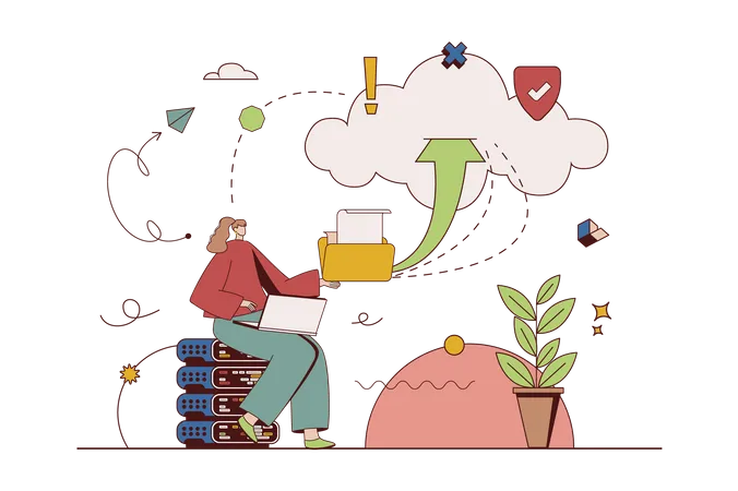 Cloud Storage Concept With Character Situation In Flat Design Woman Working On Laptop And Making Backup Files With Online Access And Sending Documents Vector Illustration With People Scene For Web Illustration