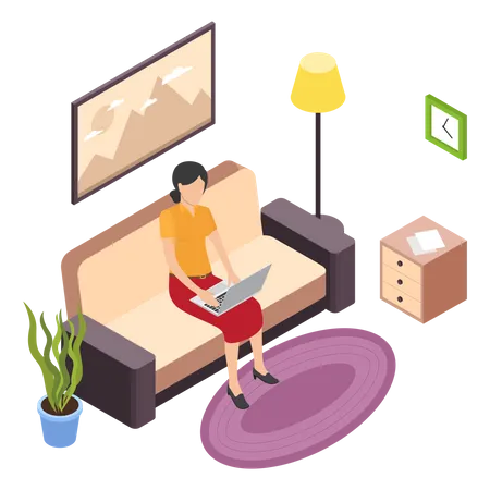 Woman working on laptop and sitting on couch  Illustration