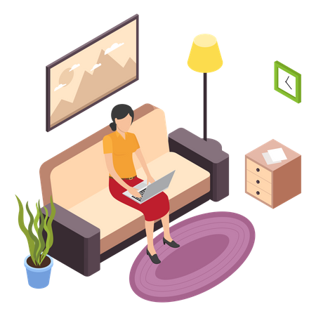 Woman working on laptop and sitting on couch  Illustration