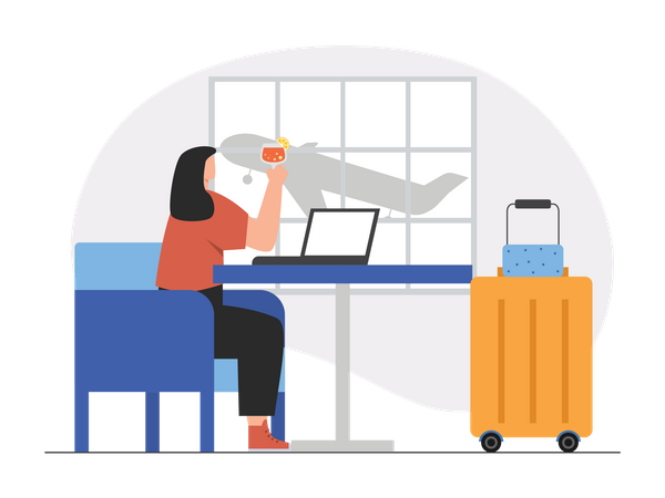 Woman working on laptop at airport  Illustration