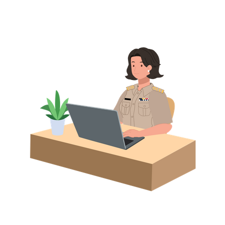 Woman working on laptop at desk  Illustration