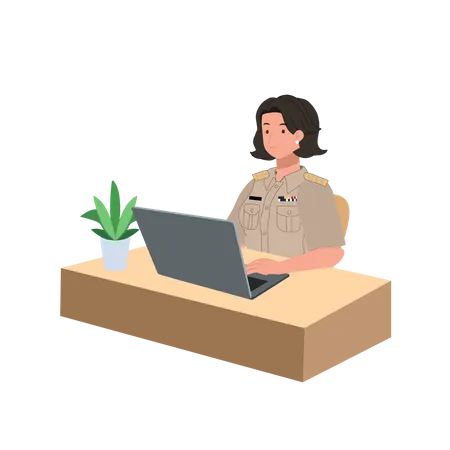Female Thai Government Officers In Uniform Woman Thai Teacher Is Working With Laptop In Her Desk Vector Illustration Illustration